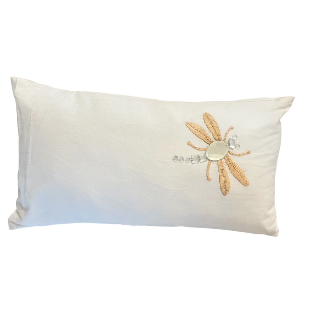 West Elm Dragonfly Beaded White Gold Canvas Pillow Cover NWT